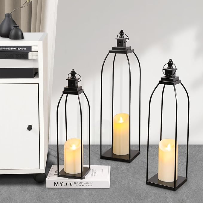 DARJEN 3 Pcs Black Metal Decorative Candle Lantern Set, 16'' 19'' 22'' Modern Lantern with 3 Flameless Candles for Indoor & Outdoor, Decorative Large Lanterns for Porch, Patio, Fireplace & Home Decor