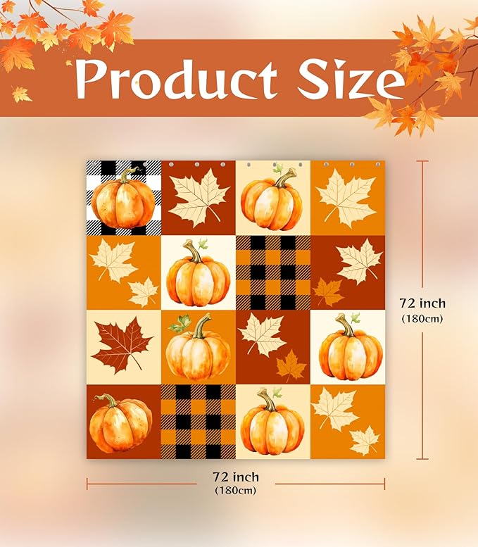 MAMUSE Fall Shower Curtain for Bathroom Stall Cute Decorative Waterproof Unique Design TeenWomen Cortinas de Baño Bathtub 72 x72 Inch, Plaid Pumpkins