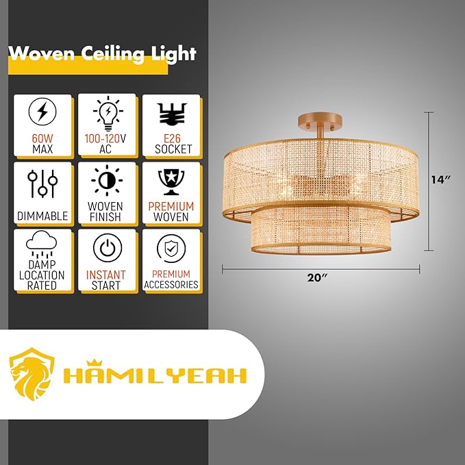 Hamilyeah 20 inch Ceiling Light Fixture Flush Mount Double Layer, Boho Light Fixture Ceiling Mount Wicker Shade, Bamboo Woven Rattan Ceiling Light for Living Room, Bedroom, Dining Room