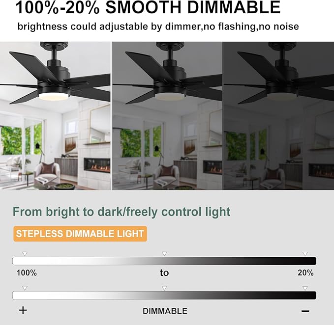 YUHAO 48 Inch Black Ceiling Fan with Light and Remote Control.Noiseless,Dimmable, 3CCT,6 Speeds Reversible, Modern DC Ceiling Fans for Indoor Use