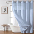 no Hook Shower Curtain and Liner Set，Boho Style with See Through Top Window, Blue Fabric Tufted Striped Textured Outer Curtain & Waterproof Inner Liner, FrostBlue, 71Wx86H