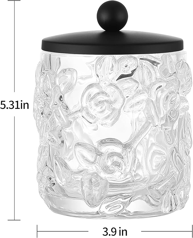 Home Glass Cotton Jar Holder Matte Black Lid, Elegant Bathroom Storage Canister for Qtips, Cotton Balls, Floss, Makeup Organizer, Vanity Bathroom Organization (UPDATED BLACK)