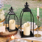 DARJEN Modern Farmhouse Lantern Decor Outdoor & Indoor- 15'' 12'' Black Metal Candle Lanterns for Christmas, Lanterns Decorative with 2 Flameless Candles for Living Room, Home, Table Centerpiece Decor