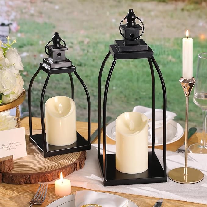 DARJEN Modern Farmhouse Lantern Decor Outdoor & Indoor- 15'' 12'' Black Metal Candle Lanterns for Christmas, Lanterns Decorative with 2 Flameless Candles for Living Room, Home, Table Centerpiece Decor