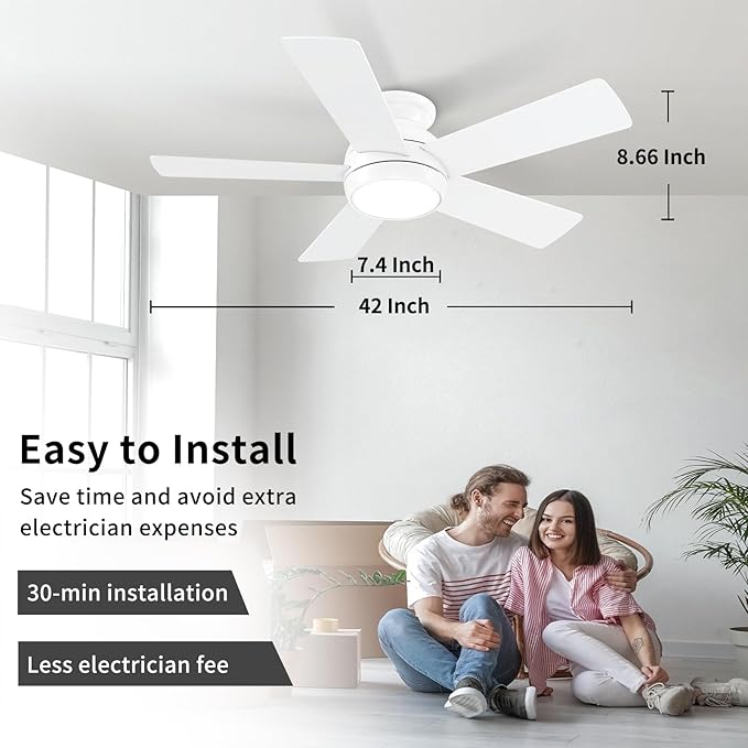 42 Inch White Ceiling Fans with Lights and Remote, LED Low Profile Flush Mount Ceiling Fan for Bedroom, Living Room, Patio, Quiet DC Motor, 5 Blades