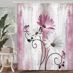Rustic Farmhouse Shower Curtain, Farm Pink Daisy Floral Flowers and Butterfly on Country Wooden Shower Curtain for Bathroom, Pink Grey Bathroom Shower Curtains with 12PCS Hooks, 70X75IN