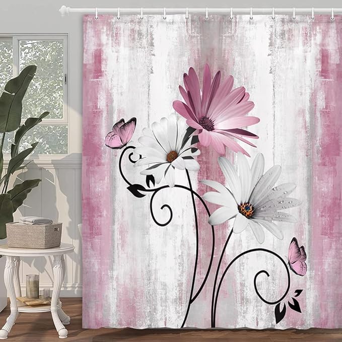 Rustic Farmhouse Shower Curtain, Farm Pink Daisy Floral Flowers and Butterfly on Country Wooden Shower Curtain for Bathroom, Pink Grey Bathroom Shower Curtains with 12PCS Hooks, 60X70IN