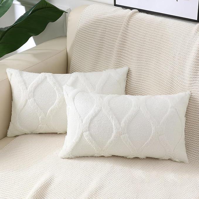 decorUhome Christmas Throw Pillow Covers 12x20 Inch Set of 2, Soft Plush Faux Fur Wool Lumbar Cream White Couch Pillow Covers, Decorative Neutral Pillow Cases for Bed Sofa Living Room Home Decor