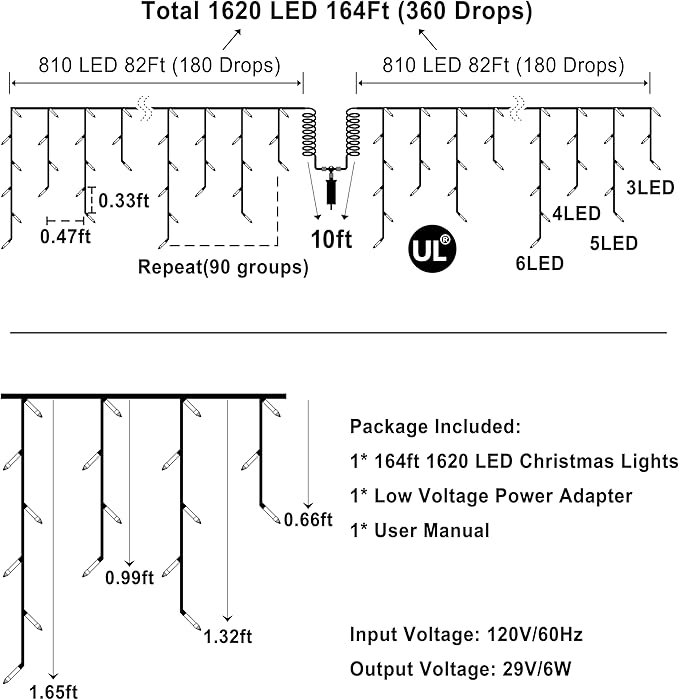 1620 LED 164ft 360 Drops Christmas Lights, Outdoor Hanging lights with 8 Modes & Timer Memory, Outside Waterproof Curtain String Light for House Fence Tree Holiday Wedding Party Decorations (Blue)
