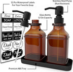 Soap Dispenser - 2 Pack, Antique Design Thick Amber Glass Hand Soap Dispensers with Sturdy Tray; 304 Rust Proof Stainless Steel Black Pump, 12Pcs Stickers, for Kitchen, Bathroom- Black
