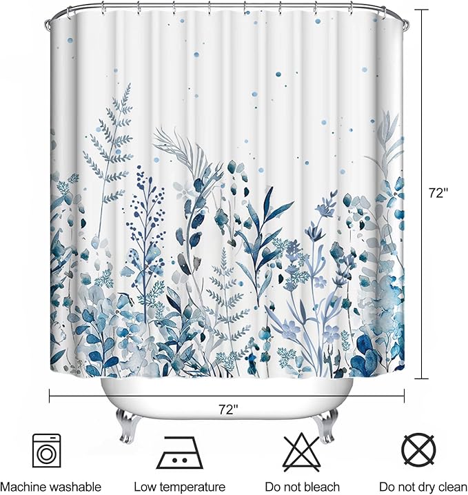 Blue Eucalyptus Leaves Shower Curtain Watercolor Leaves Plant with Floral Shower Curtains for Bathroom Waterproof Polyester Fabric Bath Curtain 72 x 72 Inch with 12 Hooks