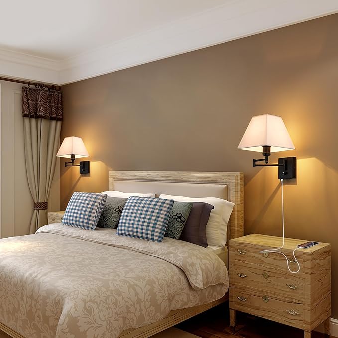Swinging arm Wall lamp, Fabric lampshade, with Plug and dimming Rotary Switch, USB and Type-C Charging Port, Suitable for Bedside, Living Room, Hotel and Bedroom Wall Lamps