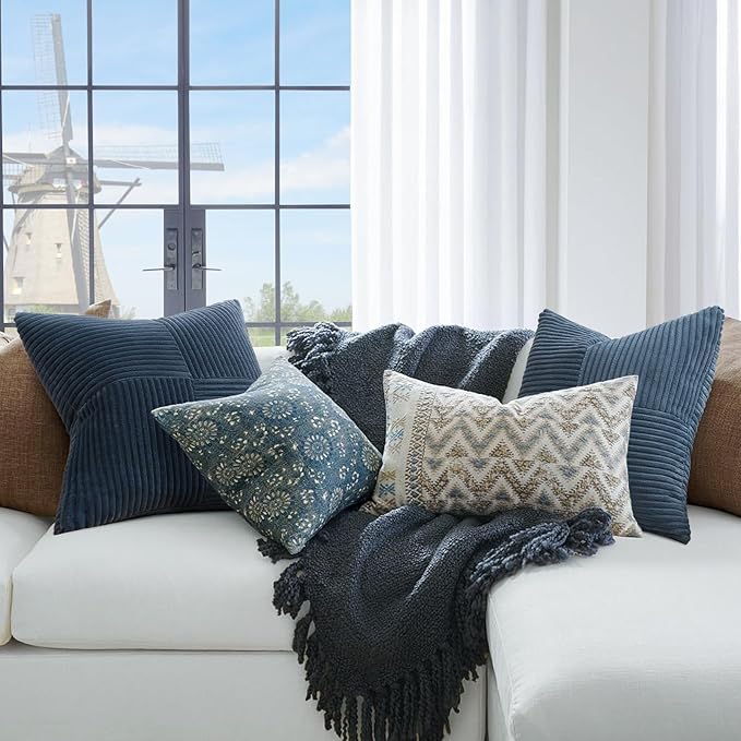 Topfinel Blue Pillow Covers 22x22,Western Velvet Blue Gray Throw Pillow Covers Set of 4 with Striped Corduroy,Boho Soft Accent Pillowcases for Couch,Bed,Living Room Home Decor
