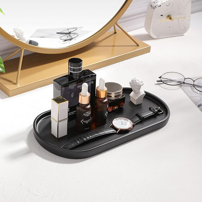 Luxspire Resin Vanity Tray, Toilet Tank Oval Storage Tray, Soap Tray Bathtub Tray Bathroom Countertop Organization for Towel Plant Bathtub Accessories Ring Holder Jewelry Organizer, M, Matte Black