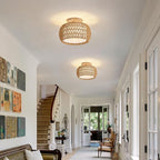 Rattan Ceiling Light Fixture，3 Style Options Boho Flush Mount Ceiling Lights, Hand-Woven Rattan Chandelier,Mini Bohemian Wicker Light Fixtures, Farmhouse Light Fixture for Bedroom Hallway Entryway