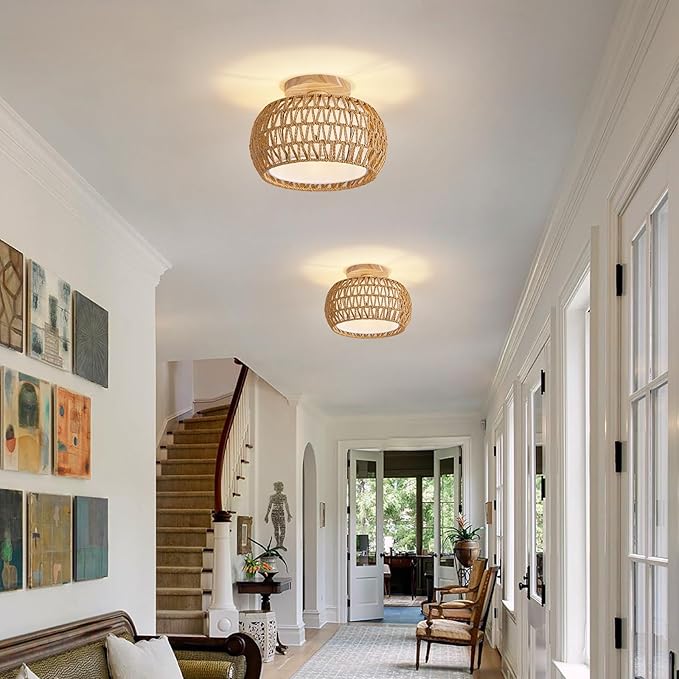 Rattan Ceiling Light Fixture，3 Style Options Boho Flush Mount Ceiling Lights, Hand-Woven Rattan Chandelier,Mini Bohemian Wicker Light Fixtures, Farmhouse Light Fixture for Bedroom Hallway Entryway