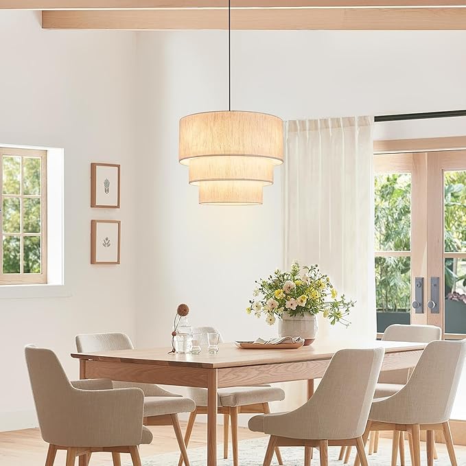 19.7" Linen Drum Pendant Light, Drum Light Chandelier Pendant Lights Kitchen Island Lighting, 3 Tier Large Farmhouse Pendant Hanging Light Dining Room Pendant Chandelier for Foyer Hallway