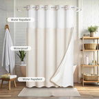 WELTRXE No Hook Shower Curtain with Snap in Liner, 230GSM Waterproof Fabric Hotel Luxury Weighted Bath Curtain with See Through Mesh Top Window, Machine Washable, 72 x 74 Inch, Beige