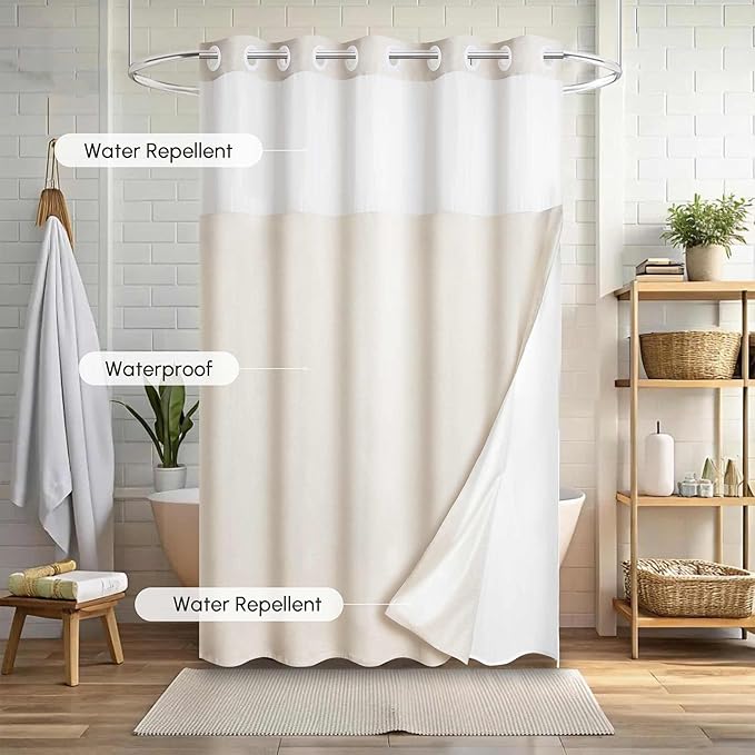 WELTRXE No Hook Shower Curtain with Snap in Liner, 230GSM Waterproof Fabric Hotel Luxury Weighted Bath Curtain with See Through Mesh Top Window, Machine Washable, 72 x 74 Inch, Beige