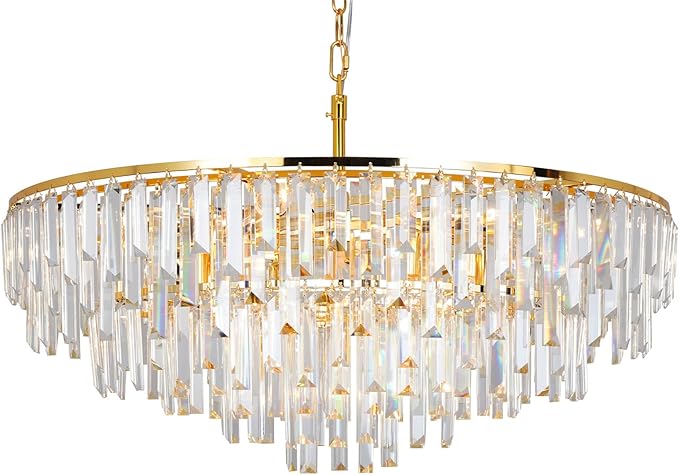 Gold Modern Round Top K9 Crystal Chandelier Lighting Fixture, 13 Lights Round K9 Crystal Adjustable Hanging Lamp for Dining Room Bedroom Living Room,Hallway,Bar,Kitchen W31''