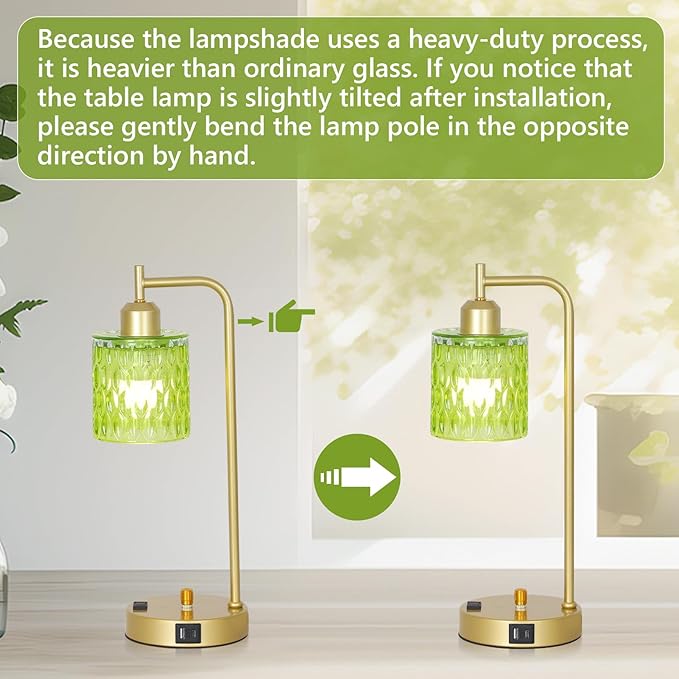 Green Table Lamp with USB Port and Outlet Set of 2, Glass Bedside Table Lamp for Bedroom, Retro Desk Lamps for Home Office, Mid Century Modern Small Night Stand Lamps, Gold Rustic Desk Light
