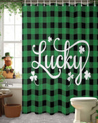 St. Patrick's Day Buffalo Plaid Shower Curtain, Lucky Shamrocks Clover Shower Curtains Set with Hooks, Rustic Green Black Waterproof Fabric Bathroom Curtains Decor Home Accessories,72 X 72 Inch Long