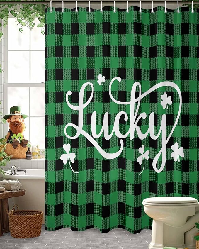 St. Patrick's Day Buffalo Plaid Shower Curtain, Lucky Shamrocks Clover Shower Curtains Set with Hooks, Rustic Green Black Waterproof Fabric Bathroom Curtains Decor Home Accessories,72X 96 Extra Long