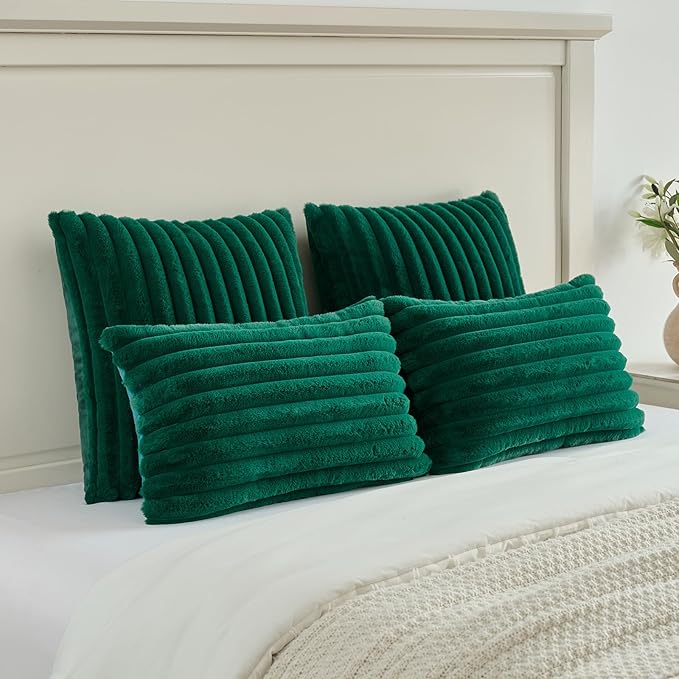 FUTEI Emerald Green Striped Decorative Throw Pillow Covers 18x18 Inch Set of 2,Square Winter Decorations Couch Pillow Case,Soft Cozy Faux Rabbit Fur & Velvet Back,Modern Home Decor for Bed