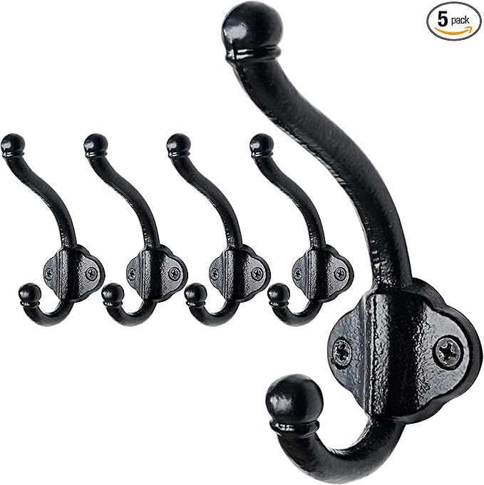 SKOLOO Heavy Duty Black Wall Hooks, Farmhouse Style Cast Iron Hooks, Pack of 5, Ideal for Backpack, Hat, Coat, and Towel Hooks - Perfect for Entryway, Mud Room, and Bathroom Storage