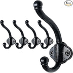 SKOLOO Heavy Duty Black Wall Hooks, Farmhouse Style Cast Iron Hooks, Pack of 5, Ideal for Backpack, Hat, Coat, and Towel Hooks - Perfect for Entryway, Mud Room, and Bathroom Storage