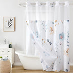 QiyI Flower Shower Curtain with Snap in Liner, Blue Beige Watercolor Floral Cloth Bath Curtains, No Hook Shower Curtains with Mesh Top Window, Fabric Waterproof Bathroom Curtain Set, 72 x 87 Inch