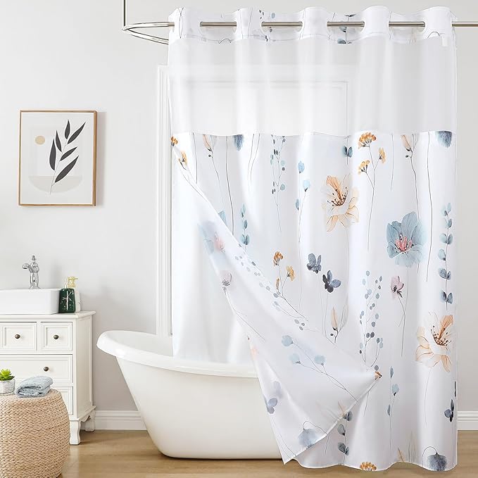 QiyI Flower Shower Curtain with Snap in Liner, Blue Beige Watercolor Floral Cloth Bath Curtains, No Hook Shower Curtains with Mesh Top Window, Fabric Waterproof Bathroom Curtain Set, 72 x 87 Inch