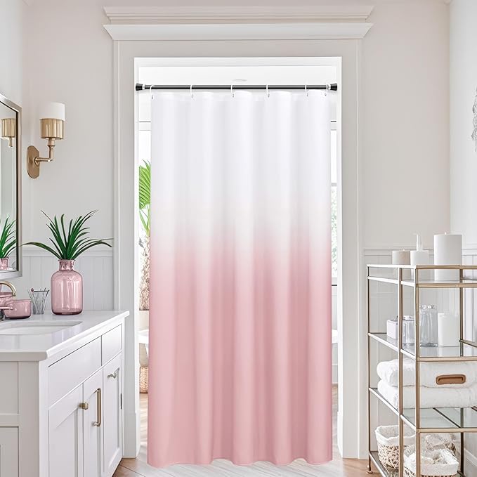 AooHome Fabric Small Shower Curtains, Cloth Ombre Pink Shower Curtain Sets, Washable Fabric Pink and White Shower Curtain, Rustic Farmhouse Bathroom Shower Curtains, 36x72 Inches