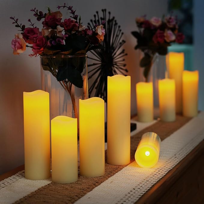Homemory Ivory LED Pillar Candles - Battery Operated Candle, Real Wax Flameless Candles, 4-9" Set of 9, Unscented, Remote & Timer