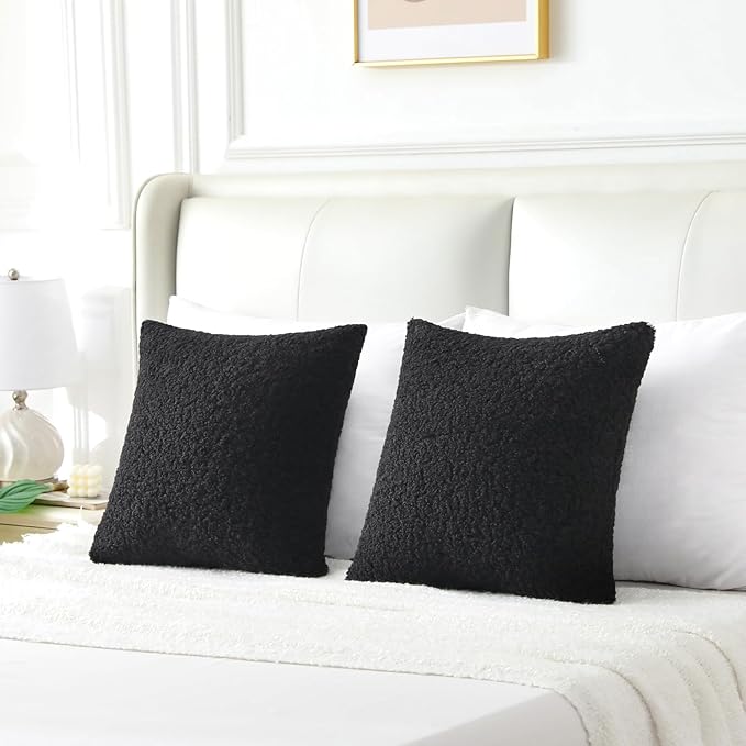 FUTEI Black Throw Pillow Covers 20x20 Inch Set of 2,Furry Faux Fur Teddy Boucle Textured Cushion Covers,Soft Fluffy Decorative Pillow Case,Home Decor for Couch Bed Living Room Office Car