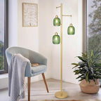 Gold Floor Lamps for Living Room, Boho Green Glass Flower Floor Lamp with 3 Led Bulb, Mid Century Modern 3 Light Brass Tall Lamps Farmhouse Standing Lamp Tree Floor Lamps for Bedroom,Office,Corner