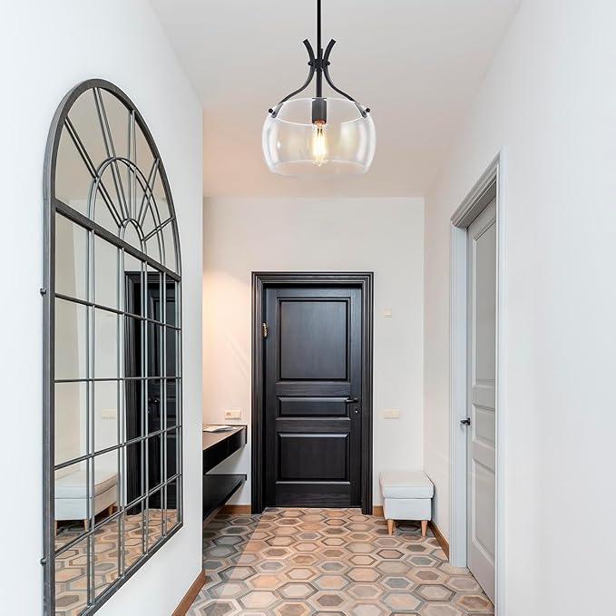 Glass Pendant Light Kitchen Island, 11.8" Industrial Hanging Light Fixture, Black Pendant Lighting with Glass Shade for Dining Room Kitchen Sink Hallway Entryway