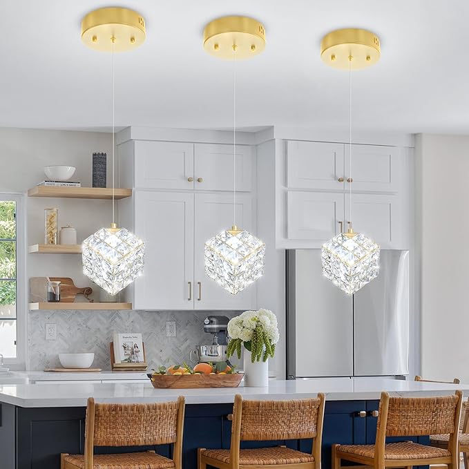 1-Light Modern Gold Pendant Light Fixtures for Kitchen Island Small Hanging Crystal Chandelier for Bedroom Entryway Living Room Foyer Hallway LED Dimmable Chandeliers for Dining Room