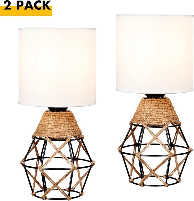 Hamilyeah Table Lamps Set of 2, Woven Nightstand Lamps With On/Off Switch, Farmhouse Bedside With White Fabric Shade, Modern Simple for Bedroom, Living Room L6.2*W6.2*H13.1inch