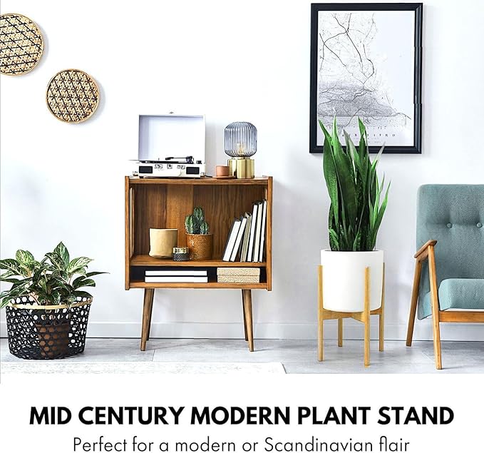 Fox & Fern Adjustable Plant Stand Indoor — 8 to 12 Inch Premium Mid Century Bamboo Plant Stand with Adjustable Width; Plug In Design; Easy to Assemble; Two Heights - For 8, 9, 10, 11 & 12 Inch Pots