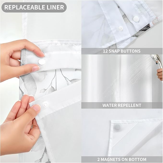 QiyI No Hook Shower Curtain with Snap in Fabric Liner, Grey Eucalyptus Shower Curtain with See Through Top Window, Waterproof Washable Cloth Ringless Shower Curtain Set for Bathroom, 72 x 75