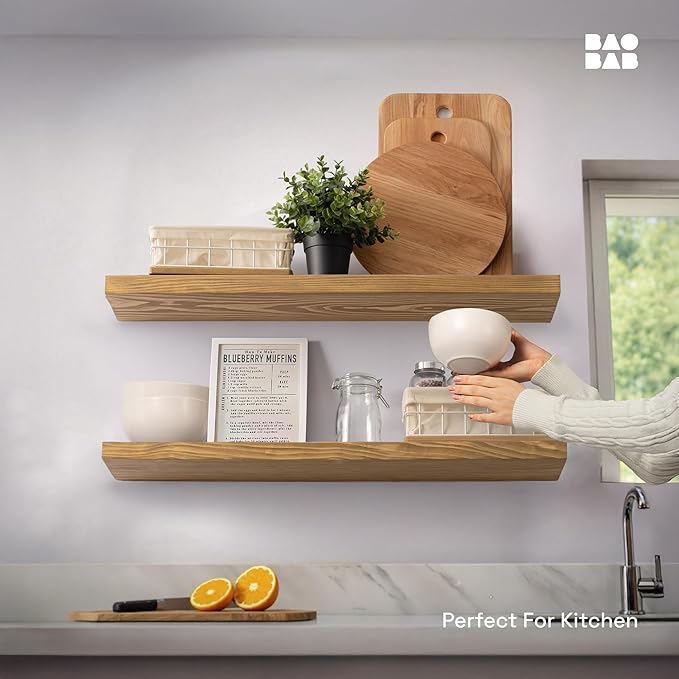BAOBAB WORKSHOP Natural Wood Floating Shelves for Wall 30 Inches Long, Solid Wooden Shelf Large, Bathroom Shelves for Room Wall Mounted Kitchen Farmhouse, Oak Floating Shelf, 30W × 6.7D, Set of 2