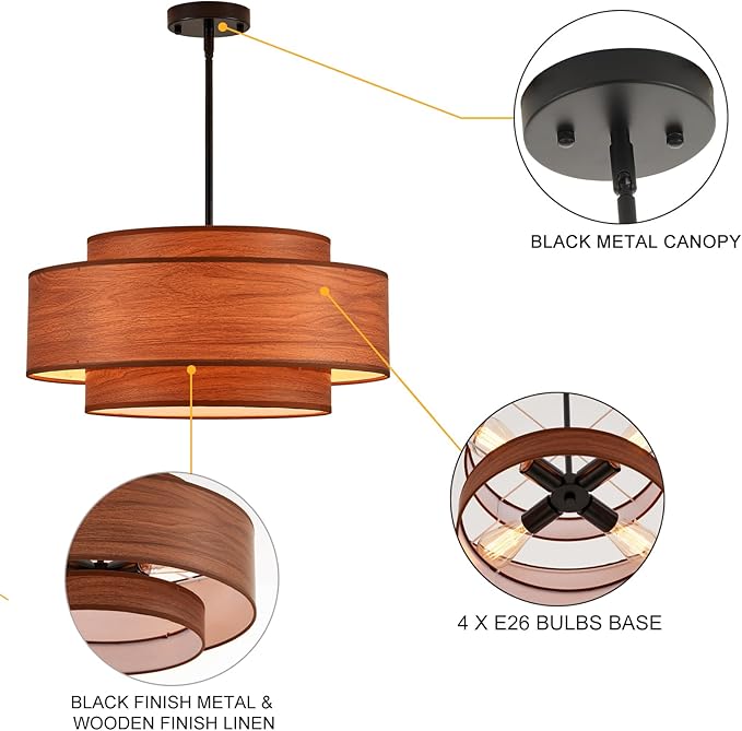 Farmhouse 19.7" Drum Wooden Chandelier Vintage 4-Lights Modern Chandelier with Wood Finish Linen Shade Retro Drum Chandeliers for Dining Room, Kitchen Island, Living Room, Bedroom