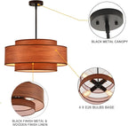 Farmhouse 19.7" Drum Wooden Chandelier Vintage 4-Lights Modern Chandelier with Wood Finish Linen Shade Retro Drum Chandeliers for Dining Room, Kitchen Island, Living Room, Bedroom