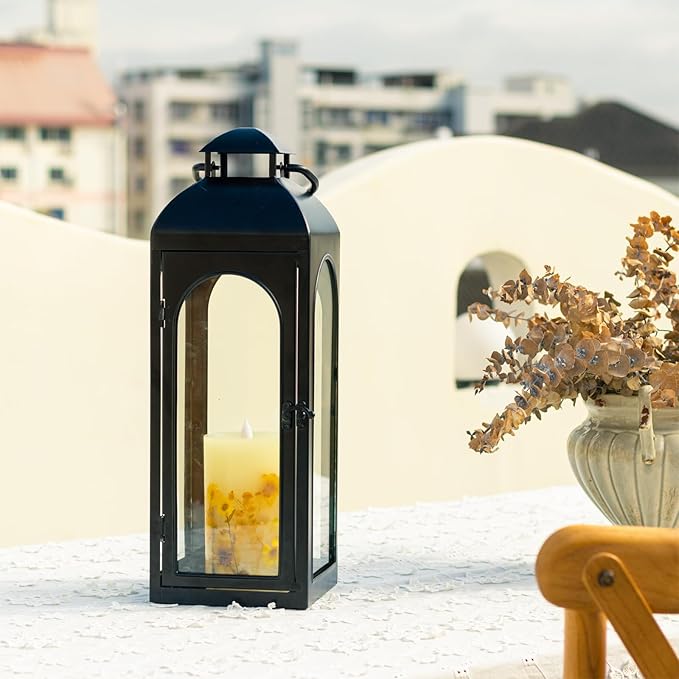 Bdor 2 Pack Large Luxury Lantern Decorative Tall 20 Inches Black Metal Hurricane Lanterns with Tempered Glass Panels for Front Porch,Tabletop, Mantle, Wall Hanging, or Garden, Indoor & Outdoor Décor