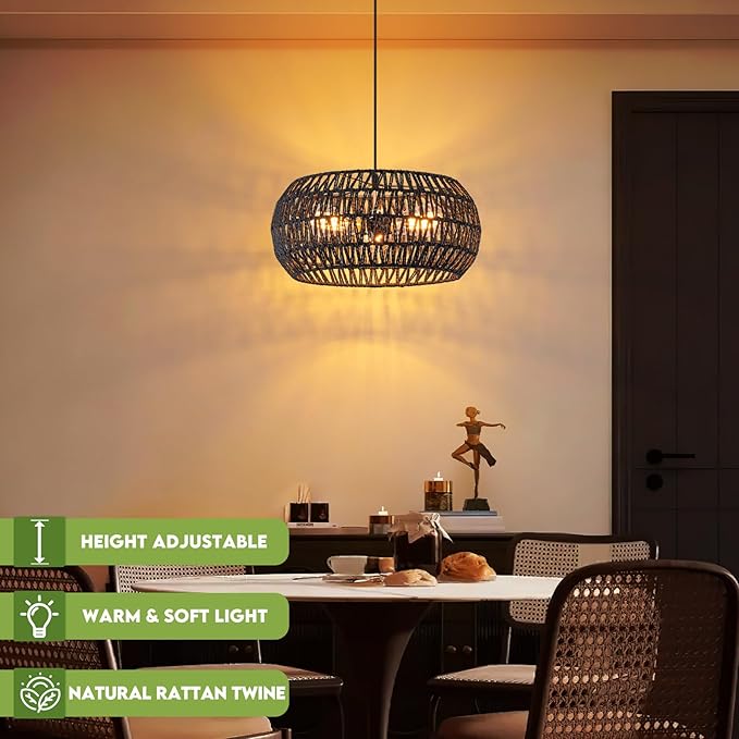 Black Boho Hanging Light Fixture Rattan Chandeliers Drum Pendant Lights for Dinning Room Wicker Chandelier Ceiling Hanging Light Basket Woven Chandelier for Bedroom Hallway Entrance Kitchen Island