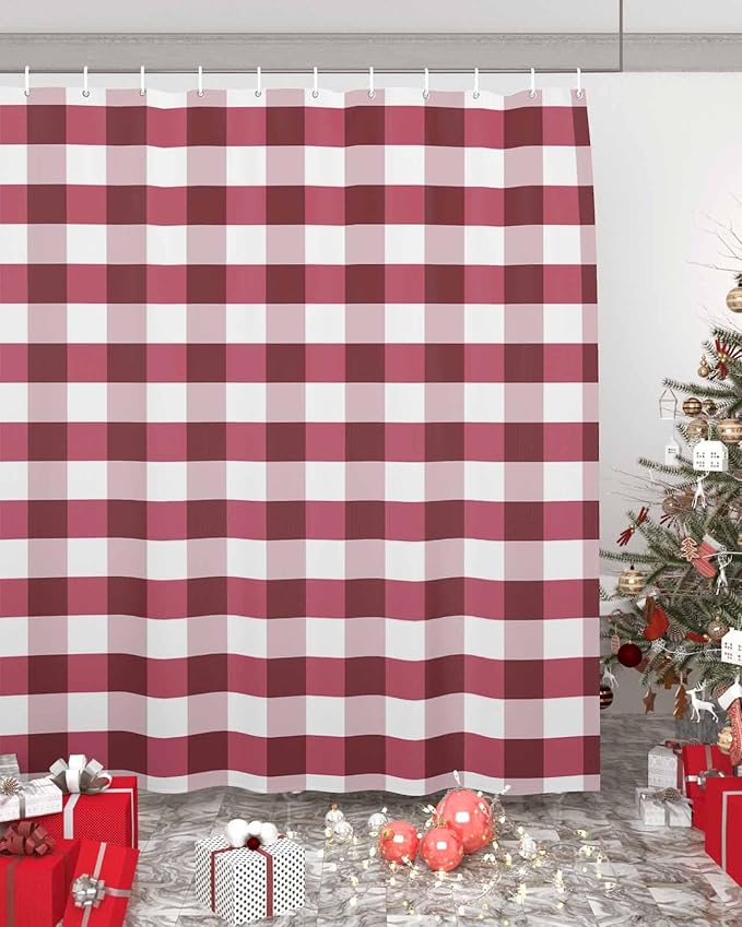 Christmas Shower Curtain, Rustic Burgundy White Buffalo Check Plaid Pattern Shower Curtains Set with Hooks, Farmhouse Waterproof Fabric Bathroom Curtains Decor Home Accessories,66 X 72 Inch Long