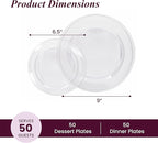 Aya's Cutlery Kingdom 100 Clear Plastic Plates for Party, Heavy Duty Disposable Set of 50 Dinner and 50 Dessert Plates, Elegant Fancy Design for Weddings, Parties, and Special Events