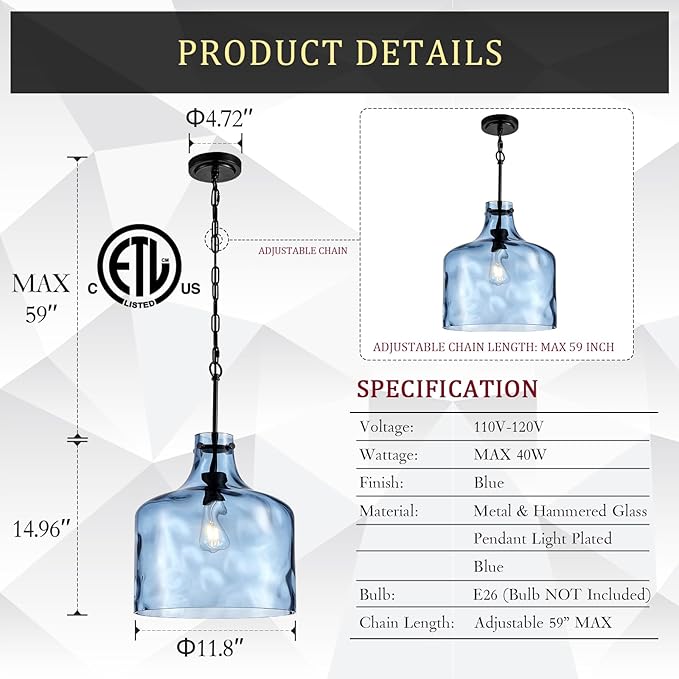 16" Extra Large Farmhouse Pendant Light – Hand-Blown Blue Hammered Glass Shade, Black Finish, Adjustable Chain Hanging Light Fixture for Kitchen Island, Dining Room, Hallway
