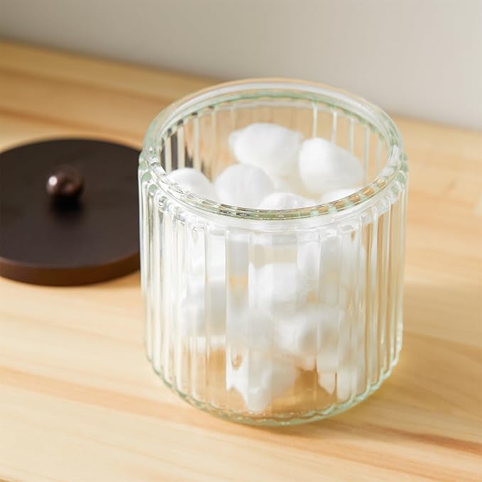 KMwares Set of 2 Glass Qtip Holder Dispenser Set for Cotton Ball, Swab, Round Pads, Floss Picks - Bathroom Canister Storage Organization and Vanity Makeup Organizer (Bronze)
